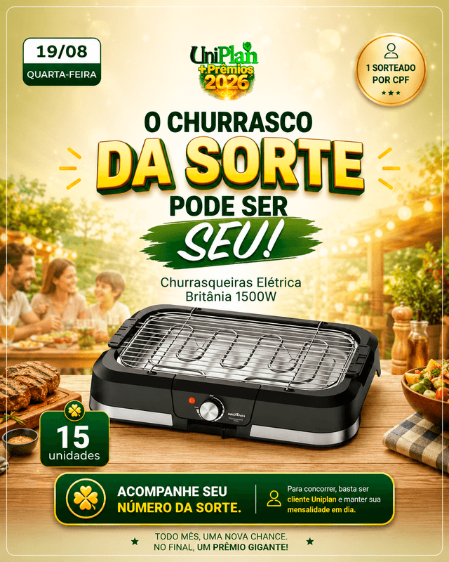 Churrasqueira Elétrica 1500W — UniPlan + Prêmios