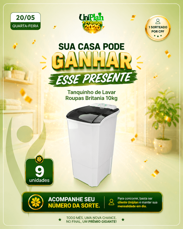 Tanquinho de Lavar 10kg — UniPlan + Prêmios