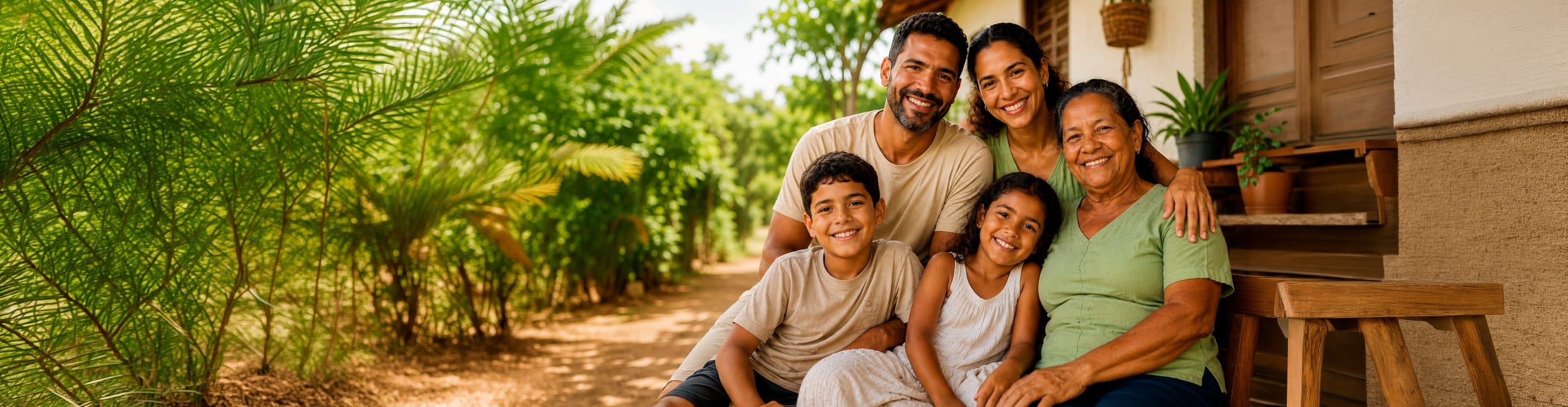 Família reunida sorrindo em frente a casa, com pais, avó e filhos
